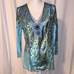 Women's Turquoise Blue Patterned Top with Jewel Embellishments